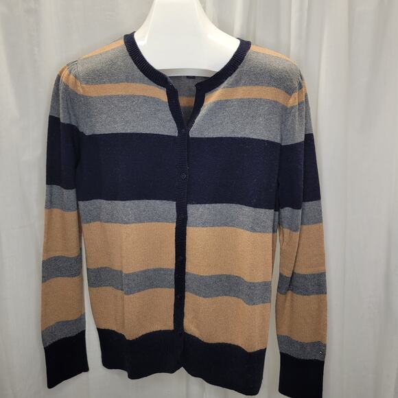 Tommy Hilfiger Navy, Tan, Gray Button Cardigan Puff Sleeves, L - Picture 1 of 8